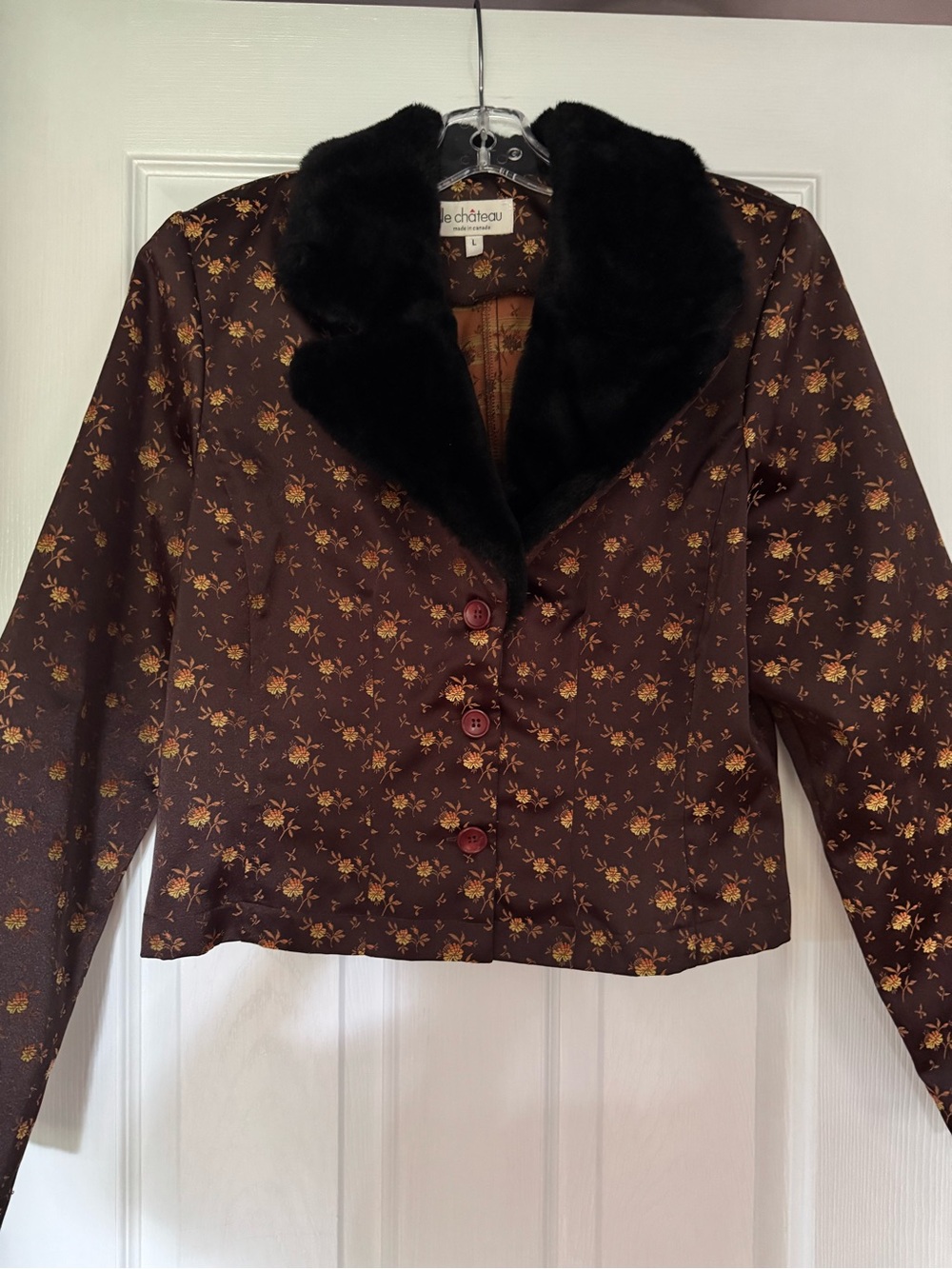 90s Le Château Brocade Jacket Faux-Fur Collar M-L
